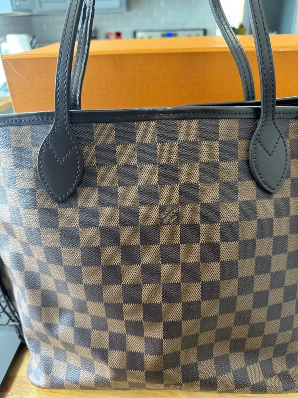 Brown Checkered Tote Bag with Red Interior - Picture 3 of 8
